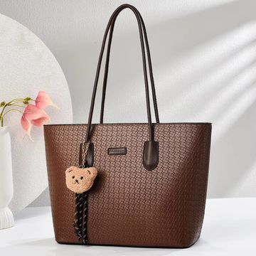 Elegant Brown Textured Tote Bag with Teddy Charm